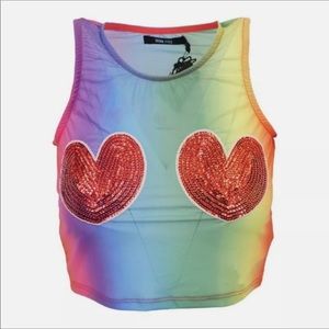🎀🌈 Iron Fist SomeWhere Over Mesh Crop Top NWT rainbow Sequin Hearts PRIDE